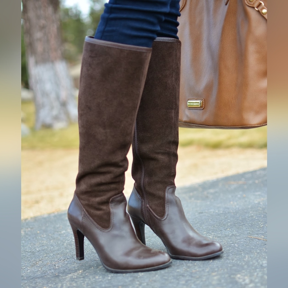 Lauren Ralph Lauren Bryce Brown Leather and Suede Heeled Boots Size 8